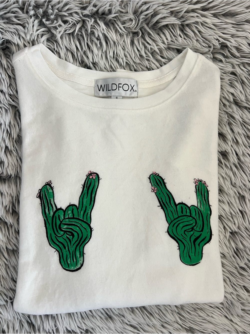Wildfox White Pullover with Green Cactus Patches Small